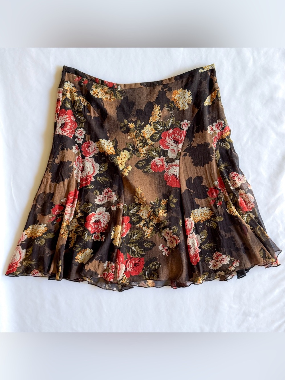 Vintage Y2K Karen Kane Silk Floral Midi Skirt Womens L XL Whimsigoth USA